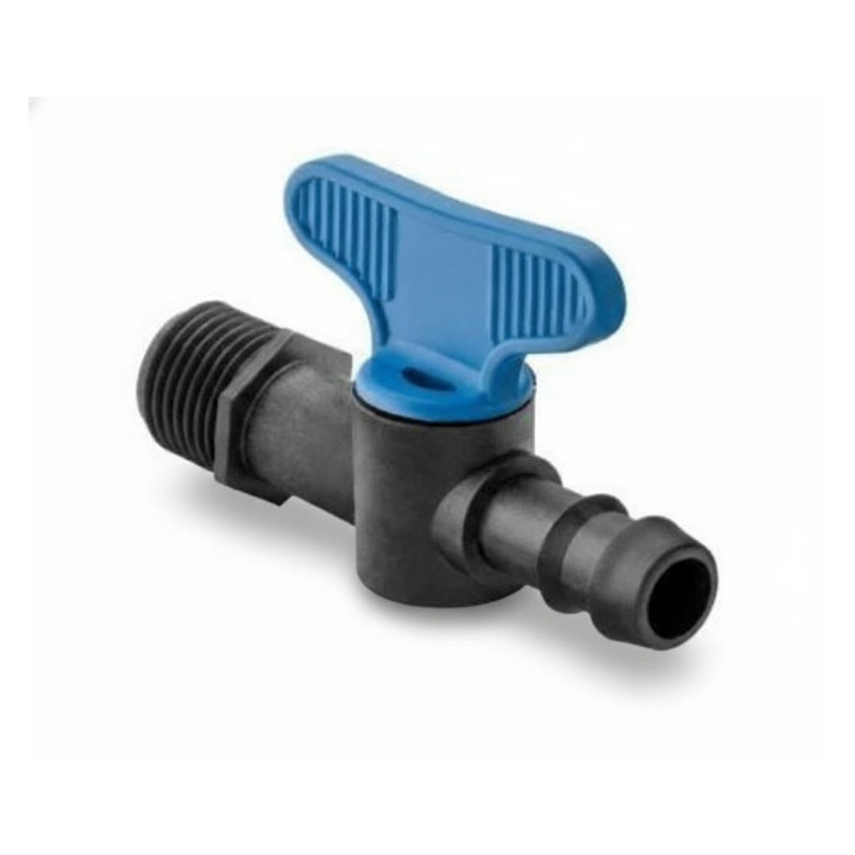 מבט בזווית של ידית כחולה 16 mm דוקרני על 1/2 in שסתום השקיה עם חוט זכר