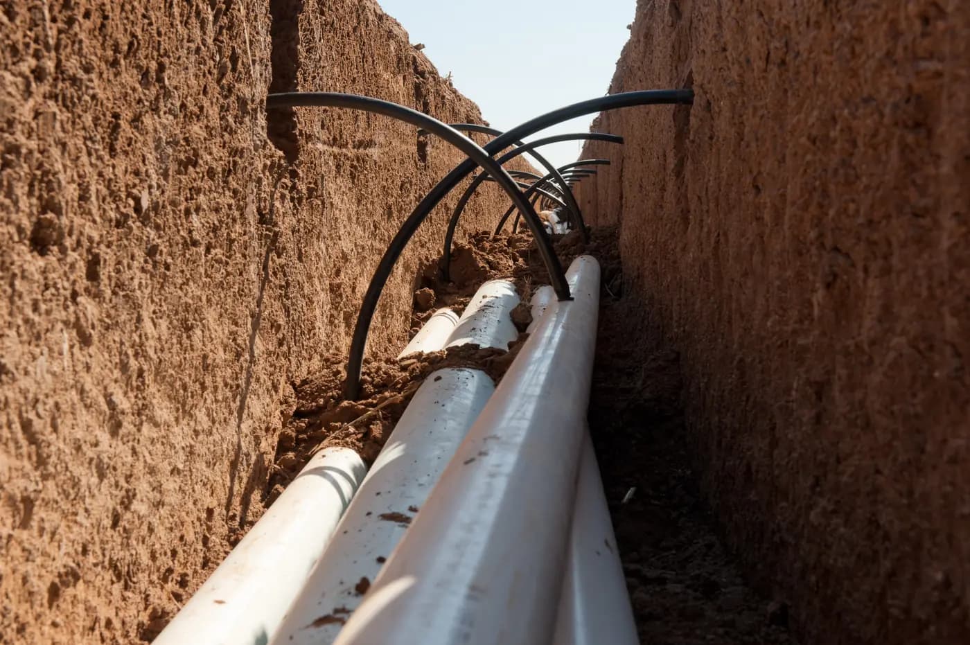 Drip irrigation tubing connected to larger pipes in a field trench at Blake Davis Farms in Texas