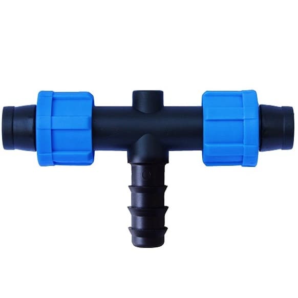 Drip tape tee with two blue lock nuts and a 20 mm barbed hose branch