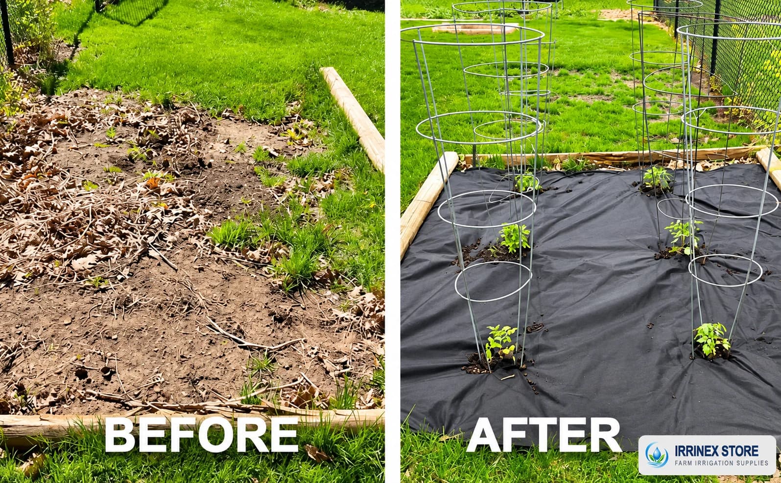 Before and after garden example using black plastic weed barrier