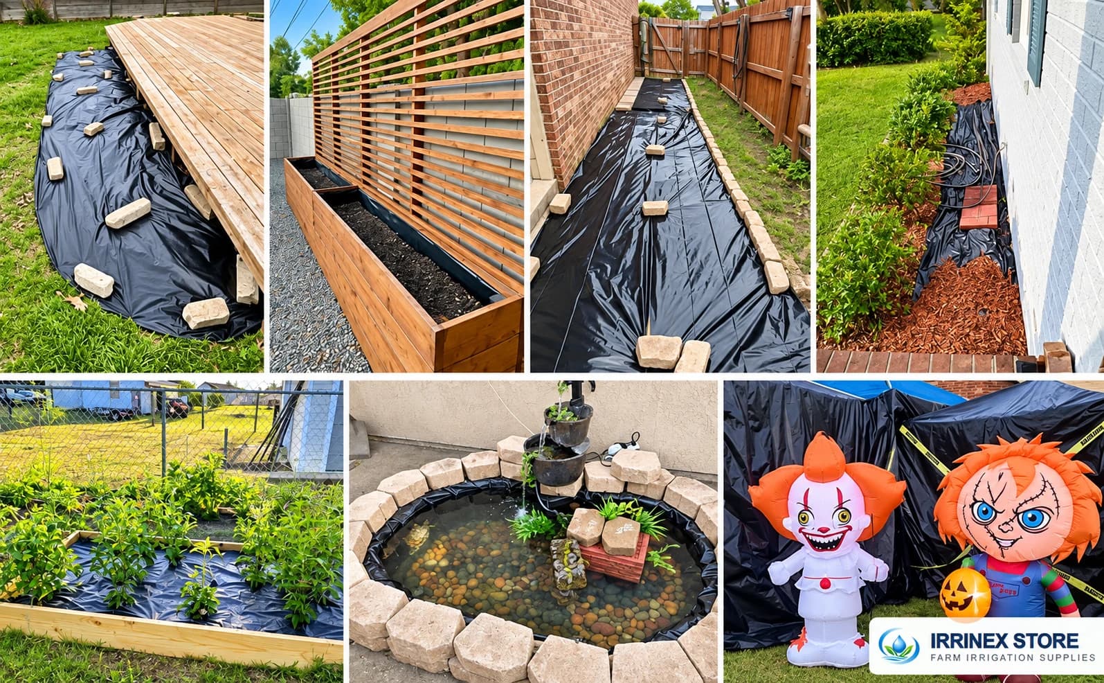 A plus collage of garden and household uses for black plastic sheeting