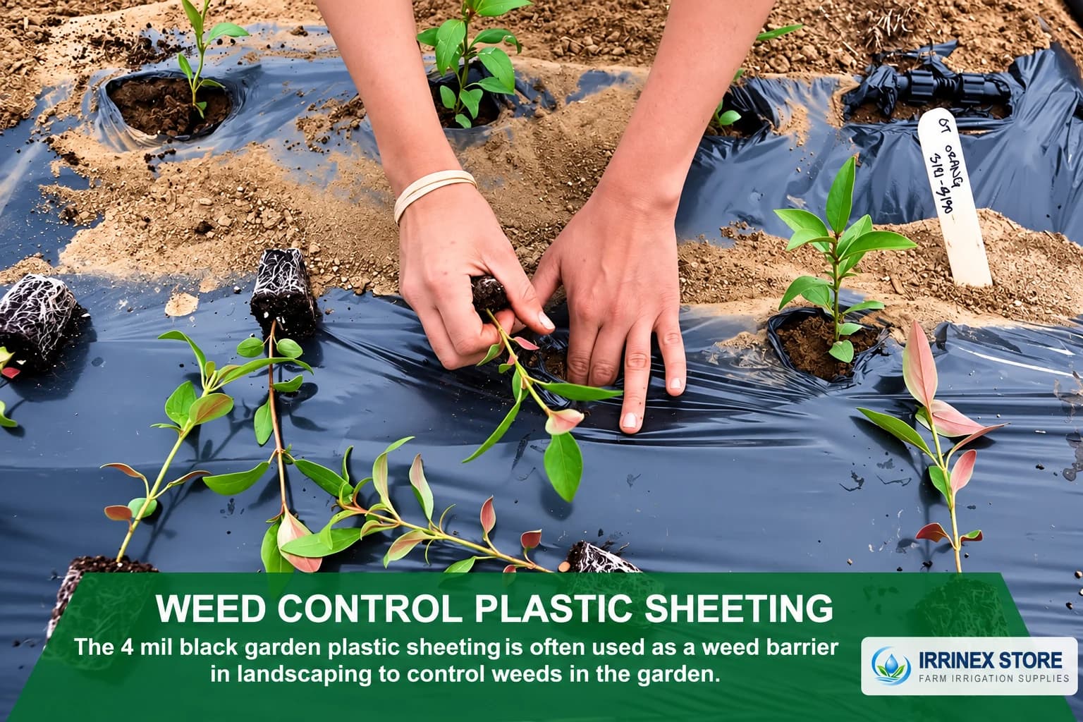Black plastic sheeting installed around garden plants for weed control