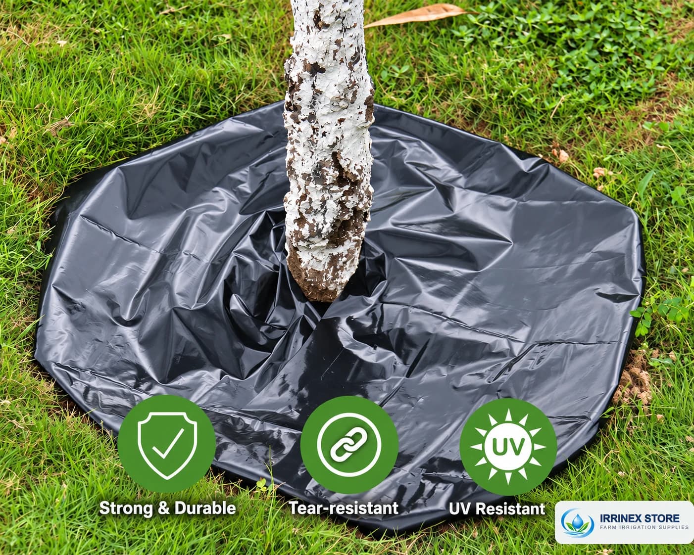 Black landscape sheeting around a tree with durability feature icons