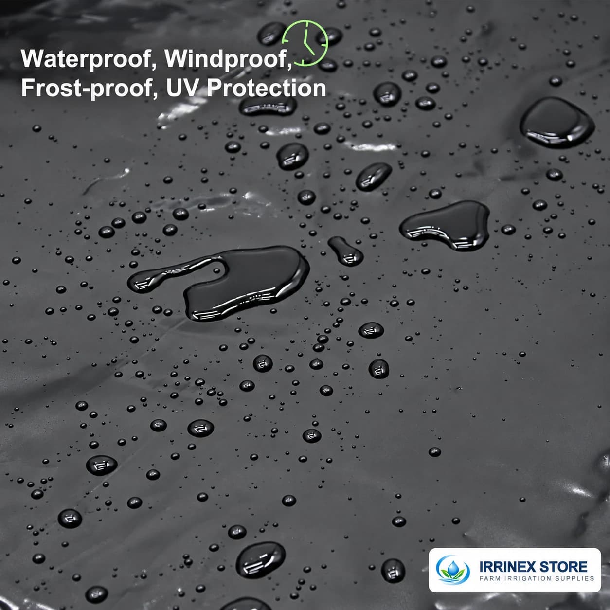 Water droplets on weather-resistant black polyethylene sheeting