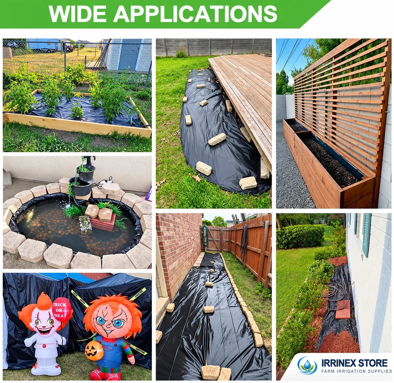 Black polyethylene sheeting shown in multiple garden and protection applications