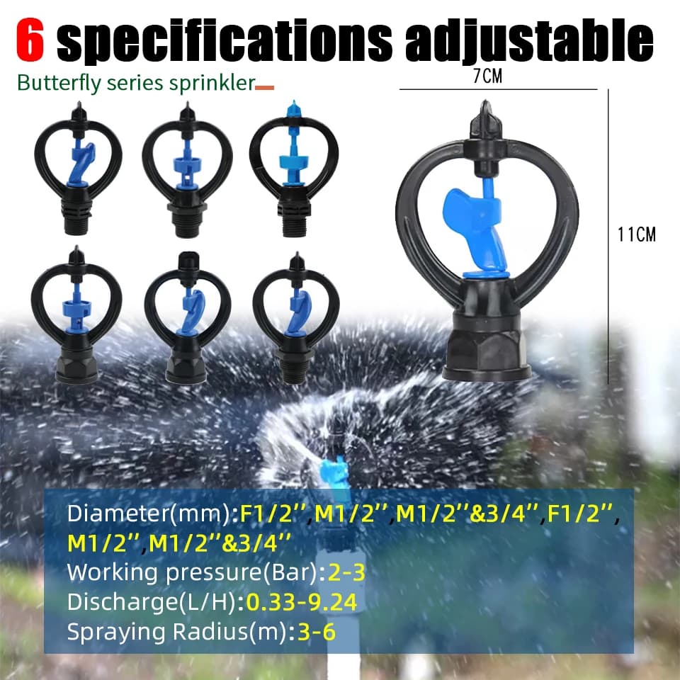 Butterfly spinning sprinkler size pressure flow and radius panel