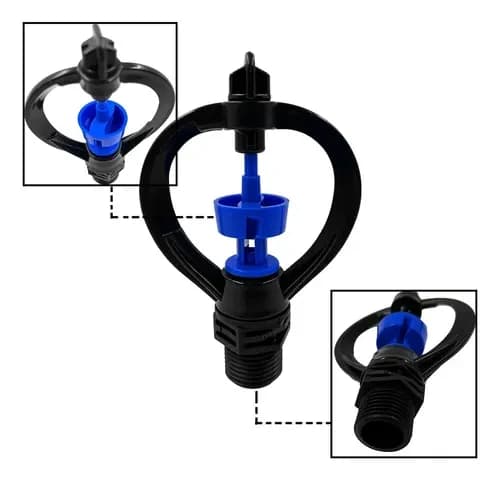 Butterfly wheel irrigation sprinkler with inlet and body detail views