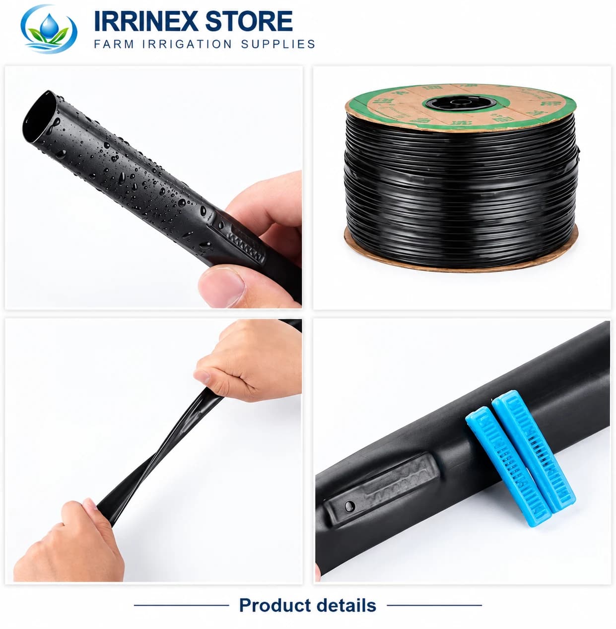 Drip tape product details: spool, flexible tape, inline emitter and component close-ups