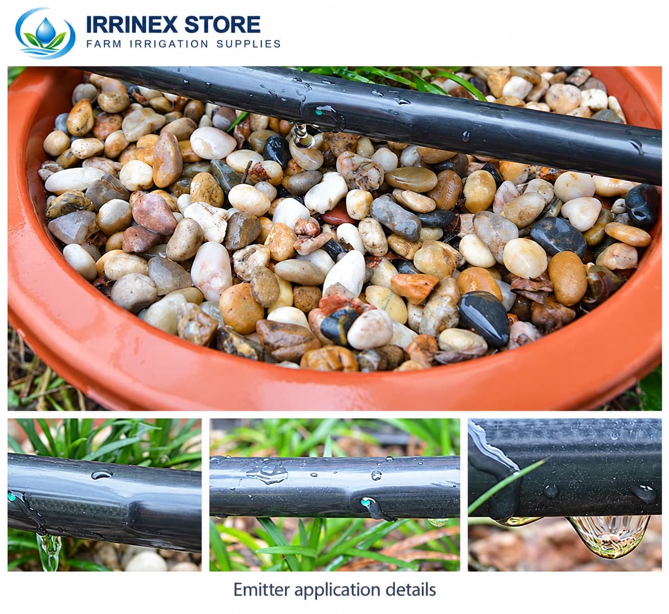 Emitter application details: water droplets from black drip tape above a planter