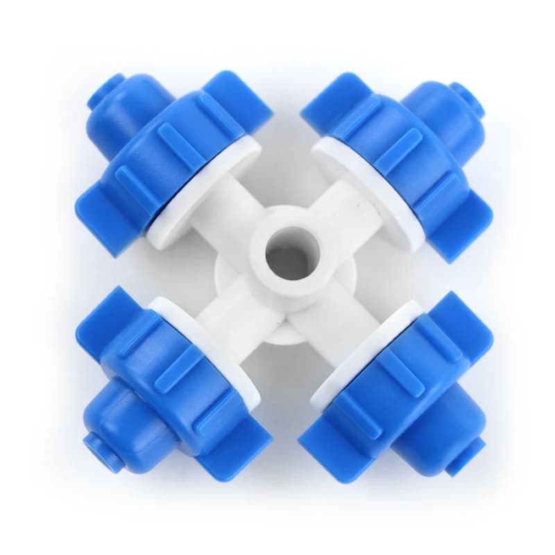 Blue four-outlet misting nozzle viewed from above