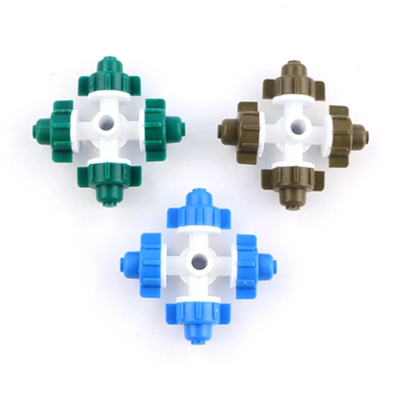 Four-outlet mist nozzle family in green brown and blue