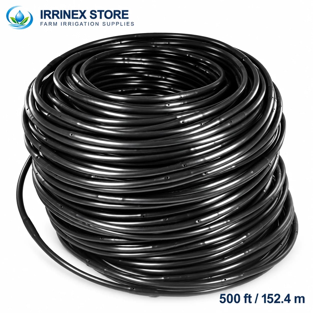 500 ft roll of black quarter-inch drip emitter tubing with IrriNex Store logo