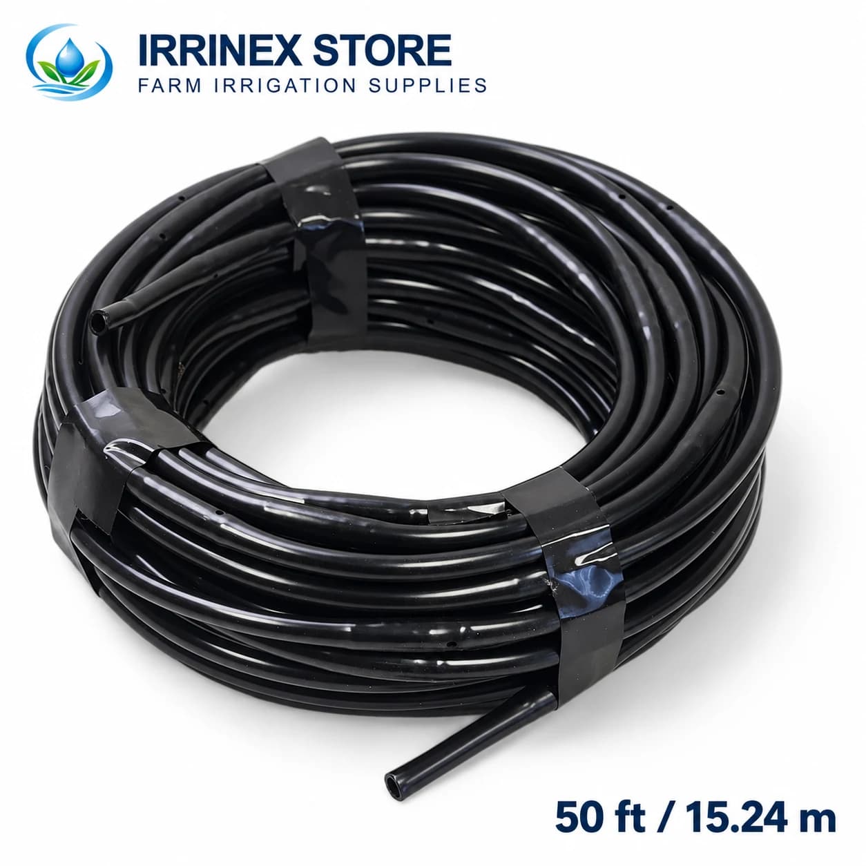 50 ft roll of black quarter-inch drip emitter tubing with IrriNex Store logo