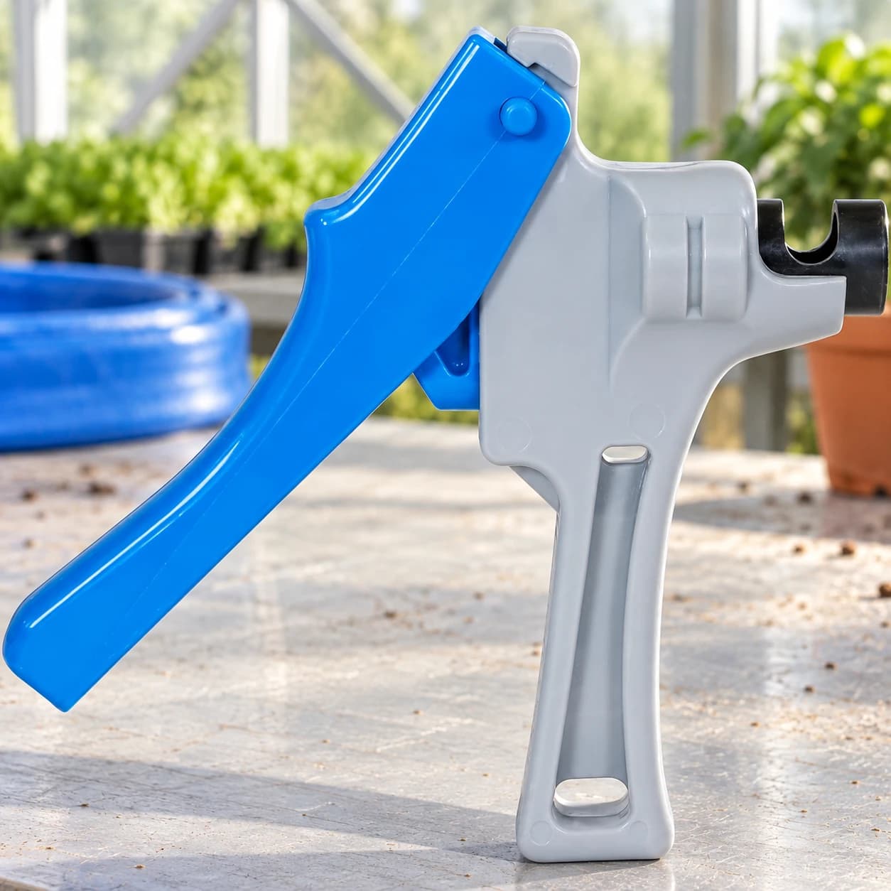 AI-enhanced 15mm layflat hose punch — workbench; illustrative view