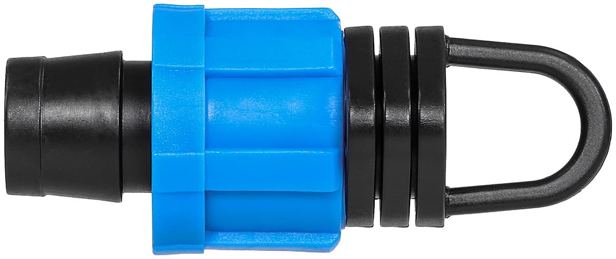 白い背景にノーブランドの青いロックナット ドリップ テープ エンド プラグとアンカー ループ