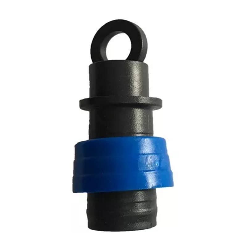 16 mm black drip-tape end cap with blue lock ring and pull loop, alternate angle