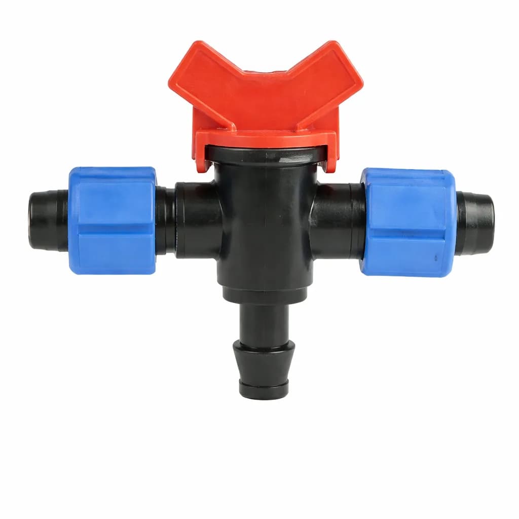 16 mm Abgangs-T-Ventil mit rotem Flügelgriff und zwei blauen Klemmringen