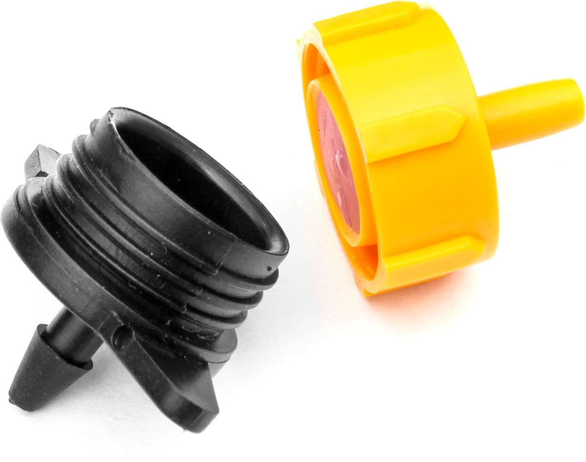 Yellow pressure-compensating drip emitter with the cap removed