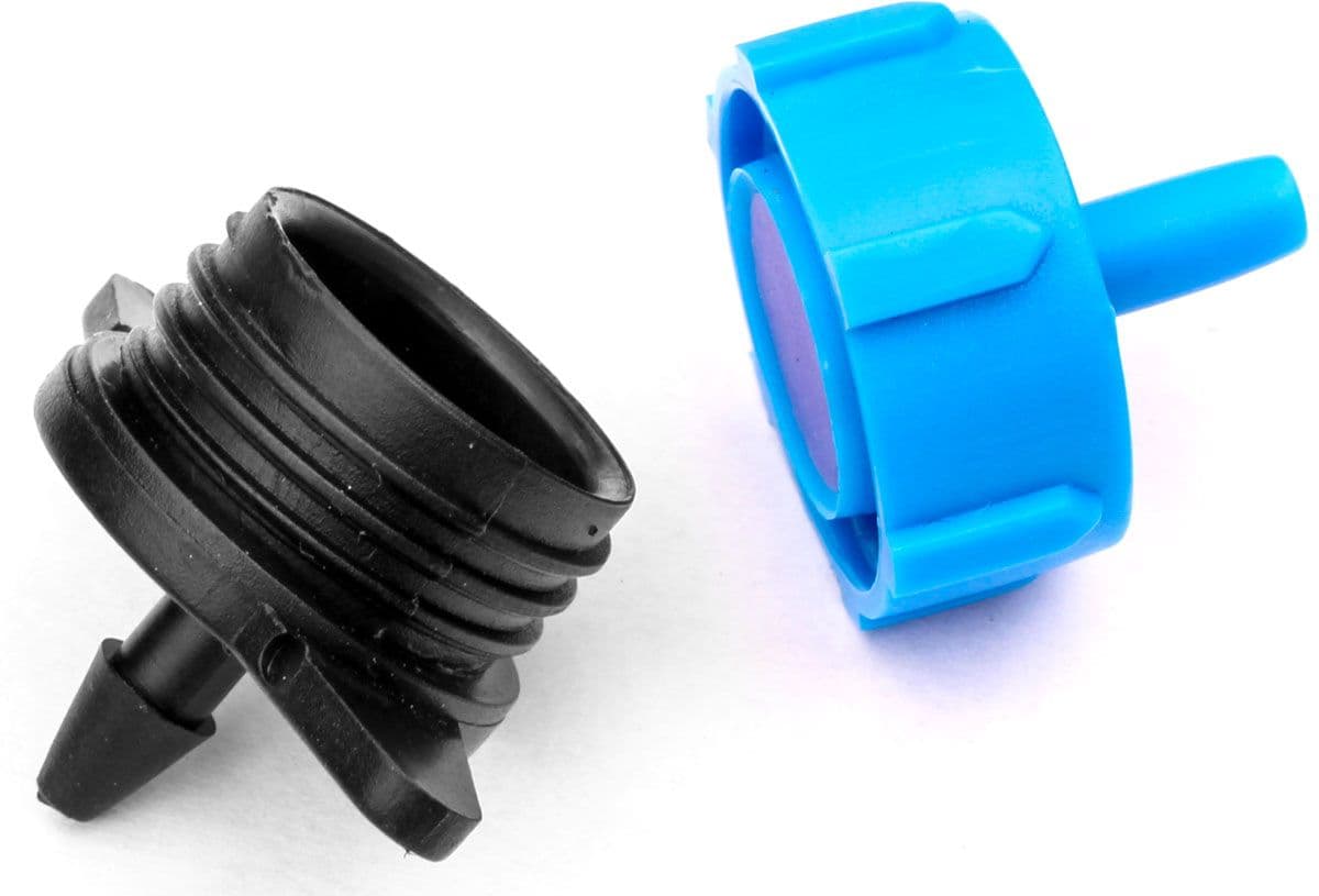 Blue pressure-compensating drip emitter showing its removable cap