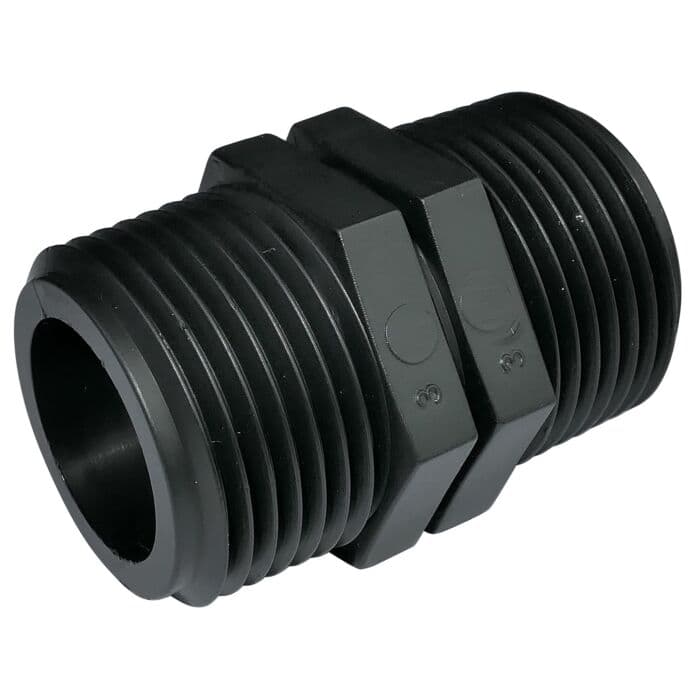 Side view of a black double-male threaded irrigation nipple, illustrative 3/4-inch fitting