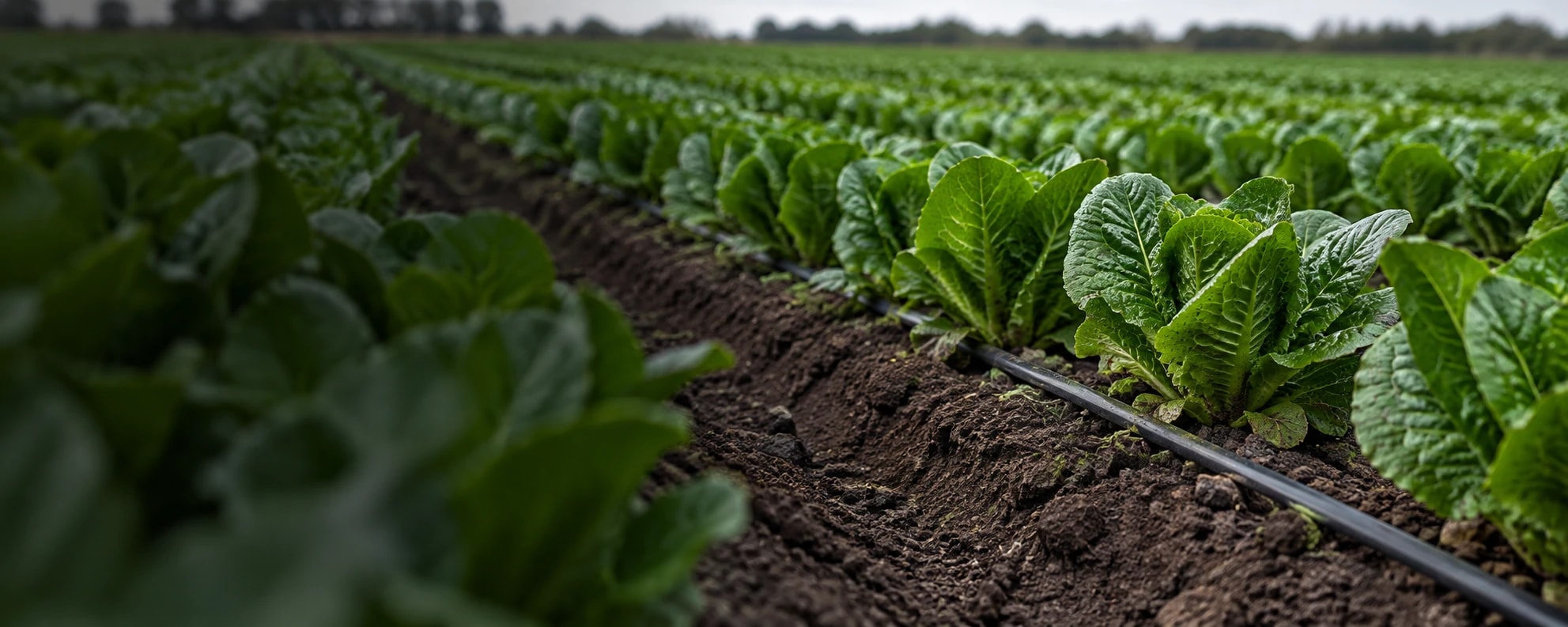 Drip irrigation lines alongside rows of leafy vegetables in a field