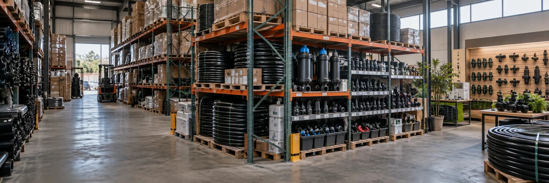 Agricultural irrigation equipment arranged in a working warehouse and showroom