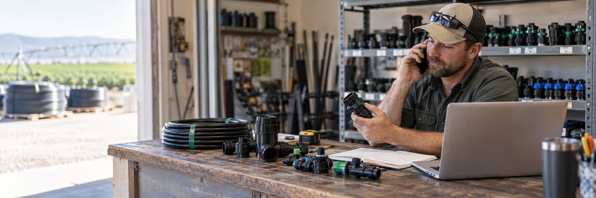 Irrigation product specialist checking a pipe fitting while helping a customer by phone