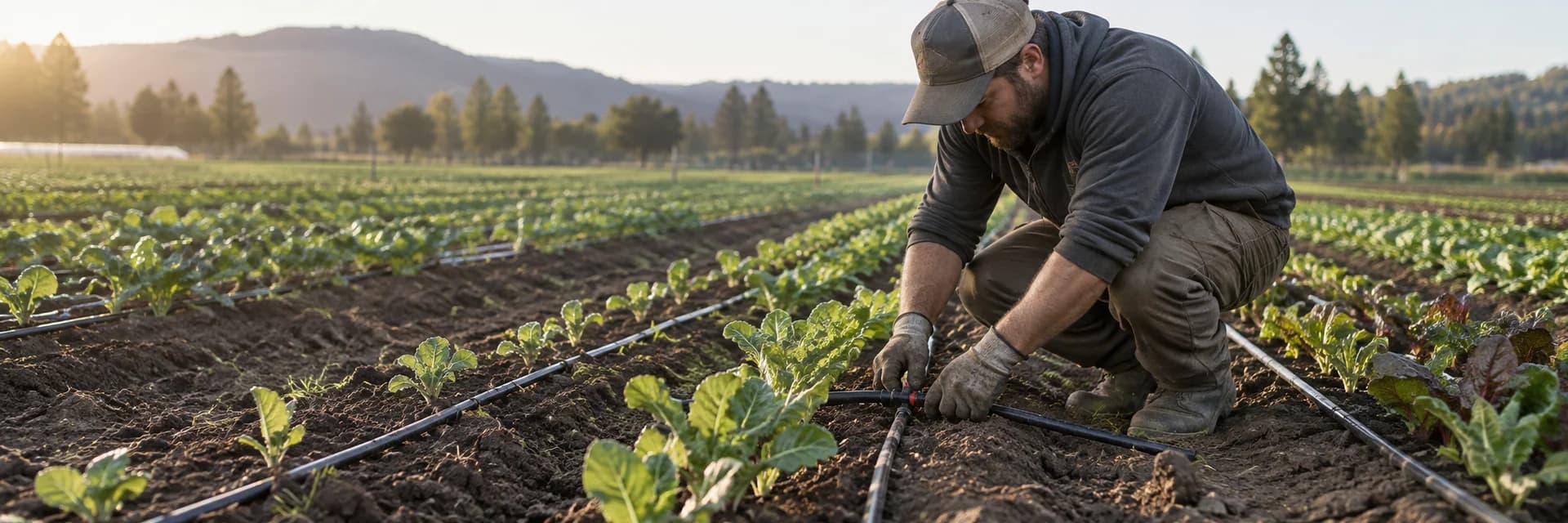 Irrigation installer connecting drip lines beside vegetable rows