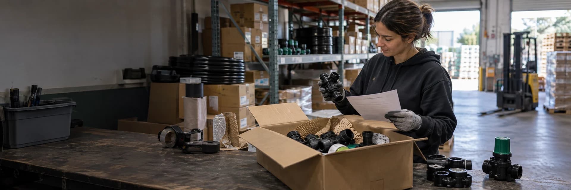 Warehouse worker inspecting irrigation parts from an open delivery carton