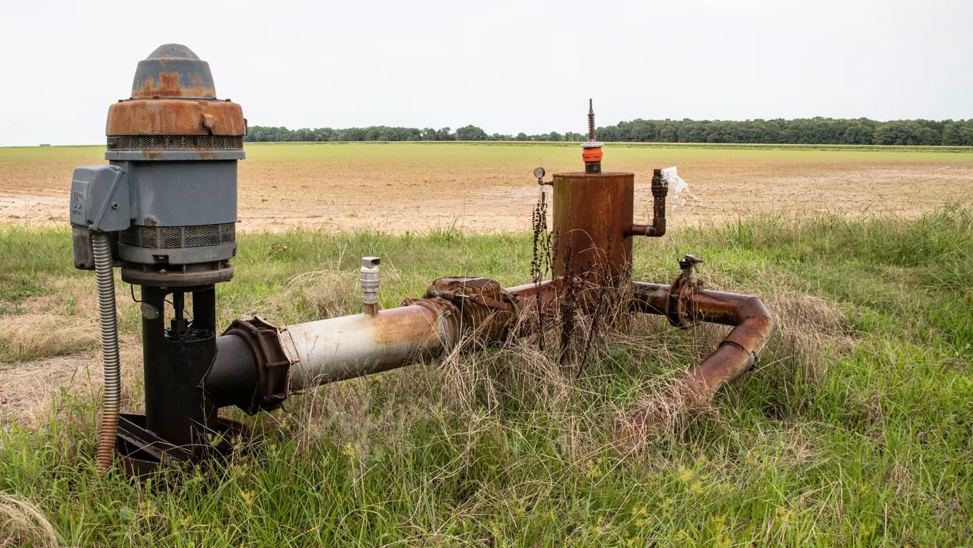 An electric irrigation pump and connected pipework beside a rice field in De Valls Bluff, Arkansas