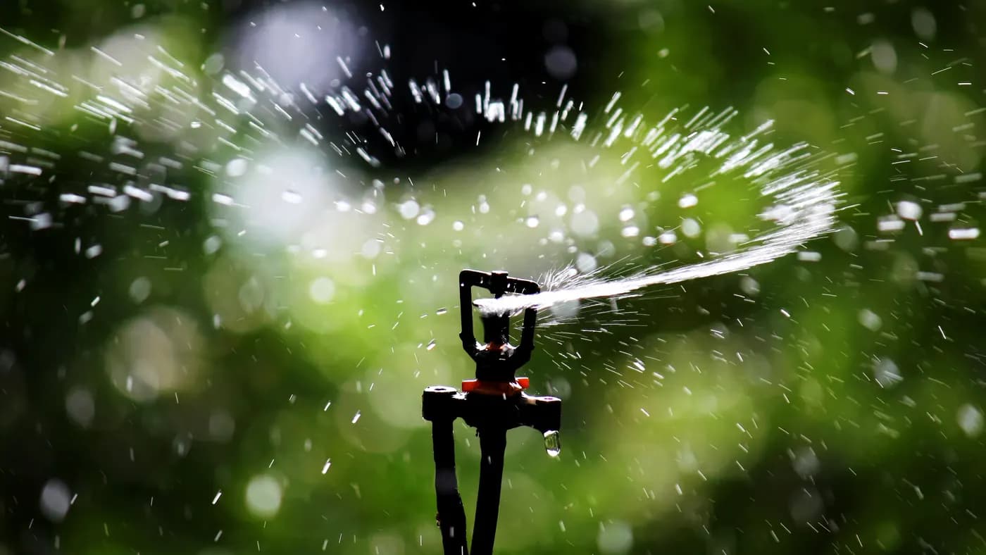 A working micro-sprinkler spraying water from an upright mount against outdoor vegetation