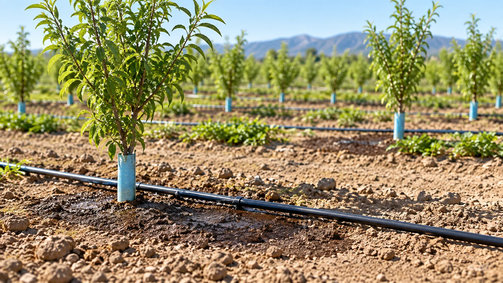 AI illustration of a drip lateral beside young orchard trees