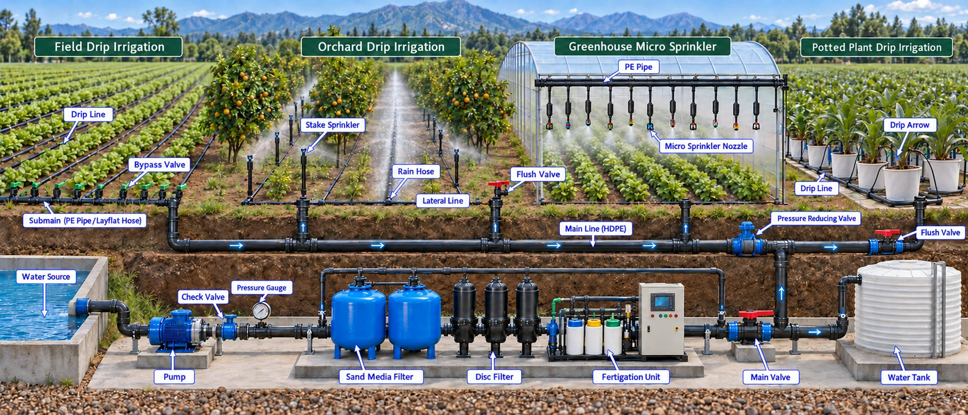 Agricultural irrigation diagram showing field drip, orchard irrigation, greenhouse micro sprinklers and potted plant drip systems, connected to pumps, filtration, fertigation and supply pipes.