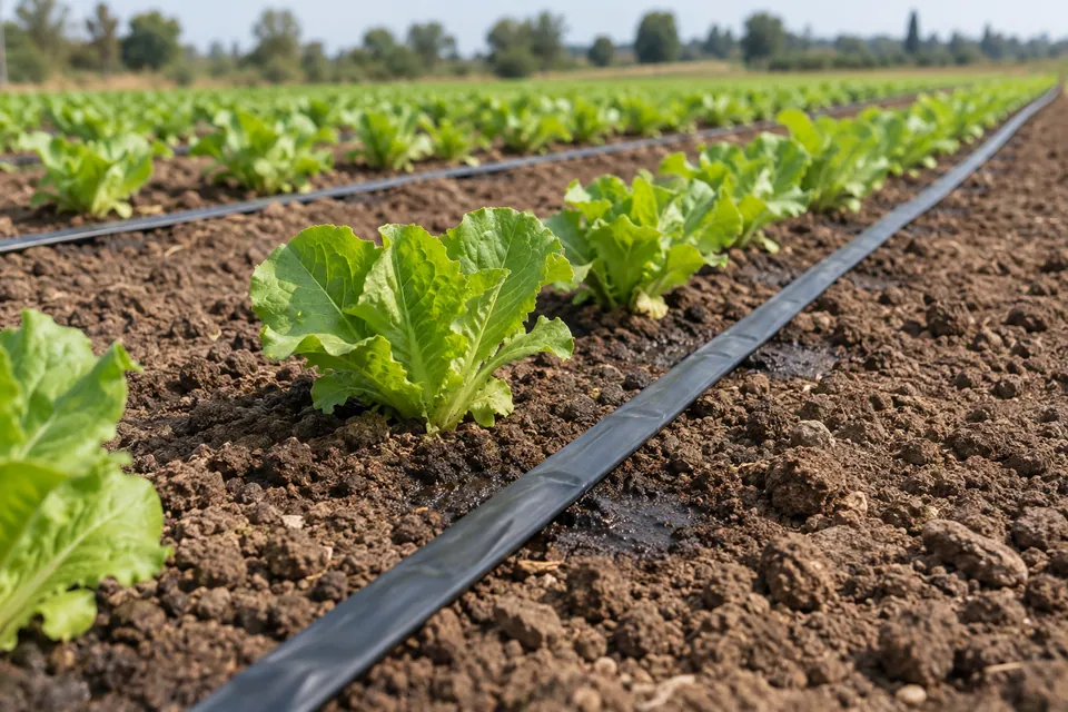 Drip tape laid along planted vegetable rows in an open field.