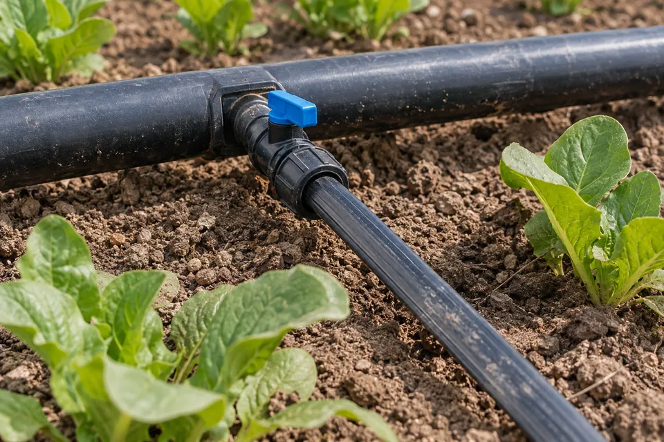 Close view of a drip tape row connection with a start valve and supply pipe.