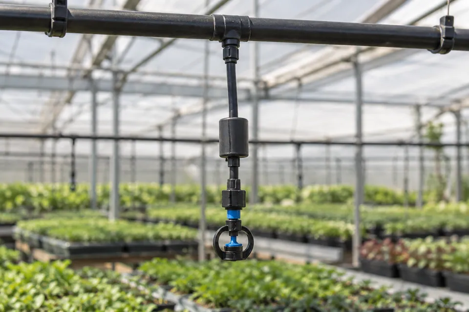 Close view of an inverted micro sprinkler suspended from a greenhouse supply line.