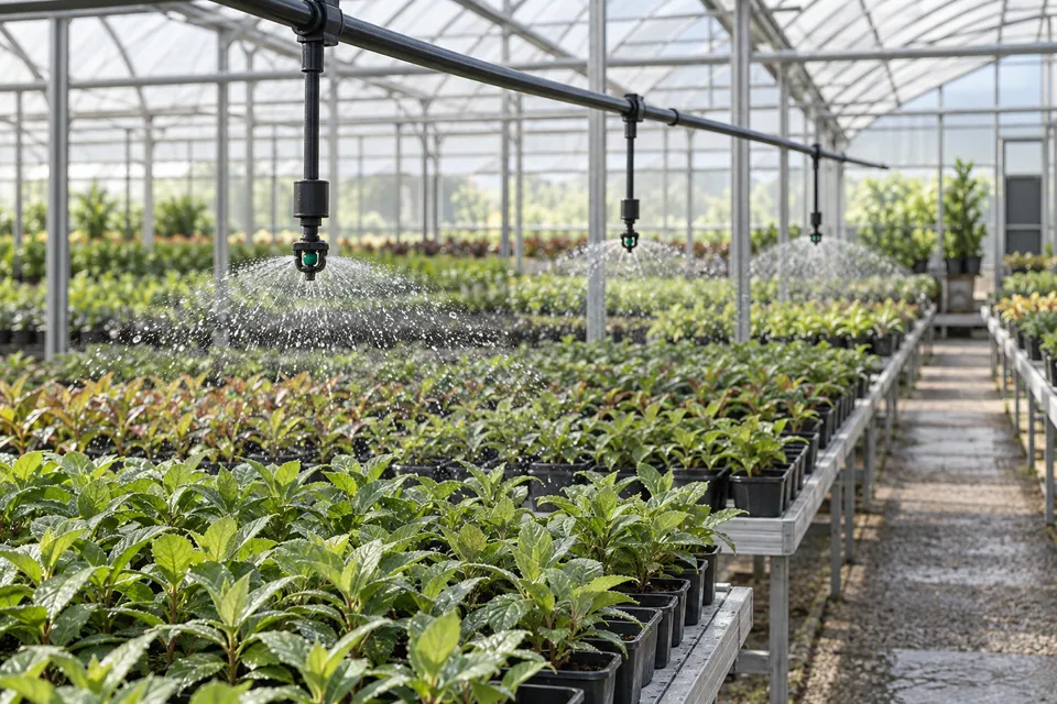 Overhead micro sprinklers watering rows of plants inside a greenhouse.