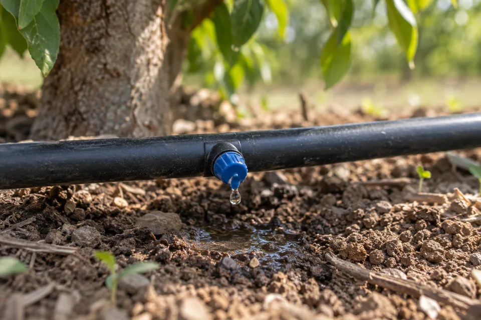 Close view of an irrigation dripper releasing water beside an orchard tree.