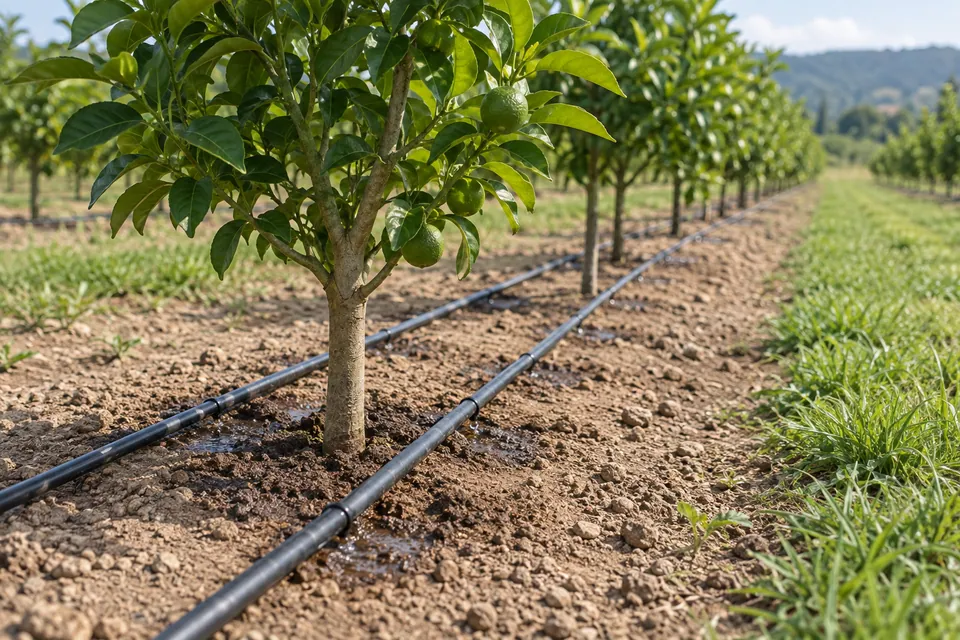 Two drip irrigation laterals running along a row of orchard trees.