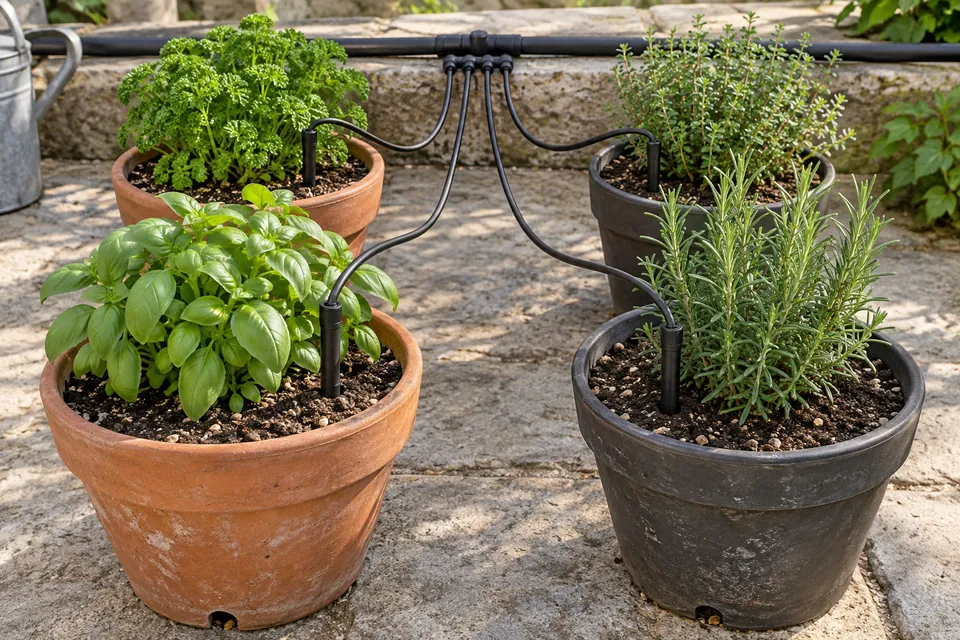 Individual microtube branches connecting a supply line to a group of potted plants.