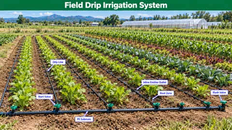 Labeled field drip irrigation systems diagram showing the water distribution components