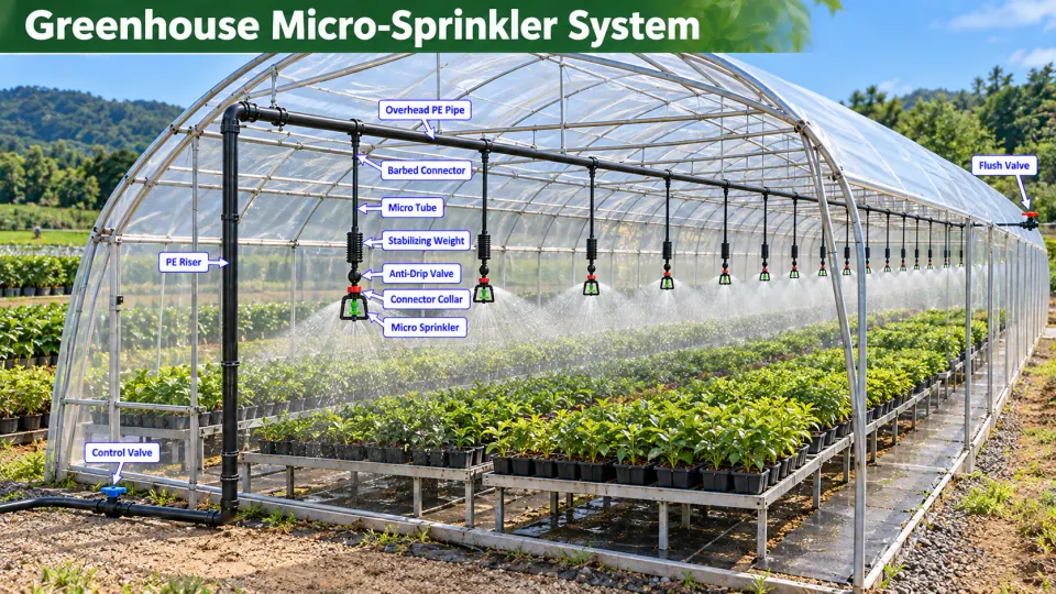Labeled greenhouse micro sprinkler systems diagram showing the water distribution components
