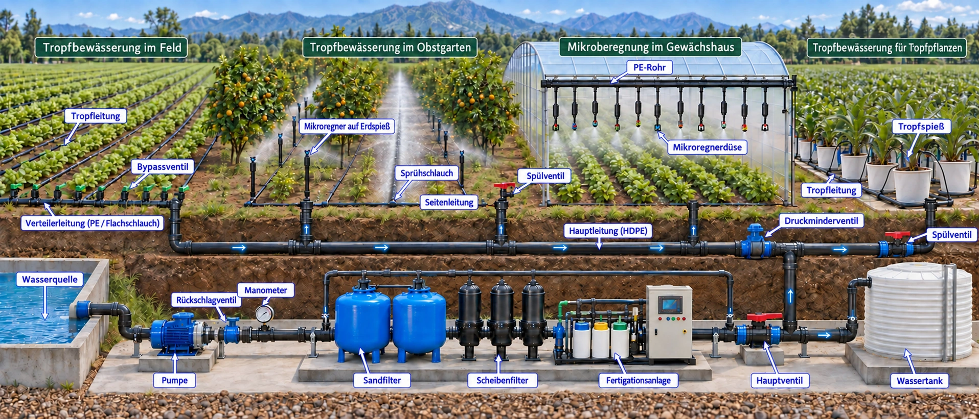 Landwirtschaftliches Bewässerungsdiagramm mit Feldtropfen, Obstgartenbewässerung, Mikro-Spreuanlagen und Tropfsystemen für Topfpflanzen, verbunden mit Pumpen, Filtration, Fertigierung und Versorgungsleitungen.