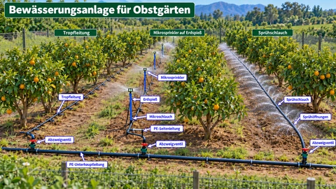 Diagramm des Bewässerungssystems: Tropfbewässerungssysteme für Obstgärten