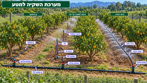 דיאגרמת מערכת השקיה: מערכות השקיה בטפטוף במטע