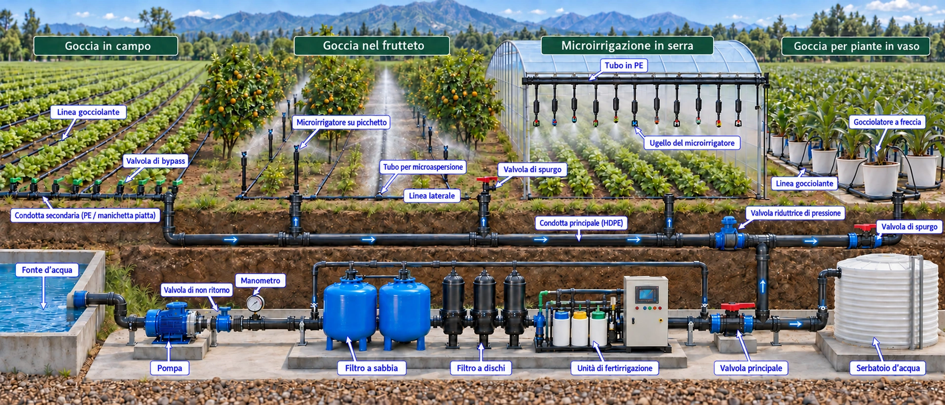 Schema di irrigazione agricola che mostra il campo gocciolamento, irrigazione frutteto, micro sprinkler e sistemi di gocciolamento di piante in vaso, collegati a pompe, filtrazione, fertigazione e tubi di alimentazione.