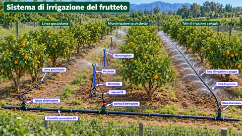 Schema del sistema di irrigazione: Impianti di irrigazione a goccia per frutteti