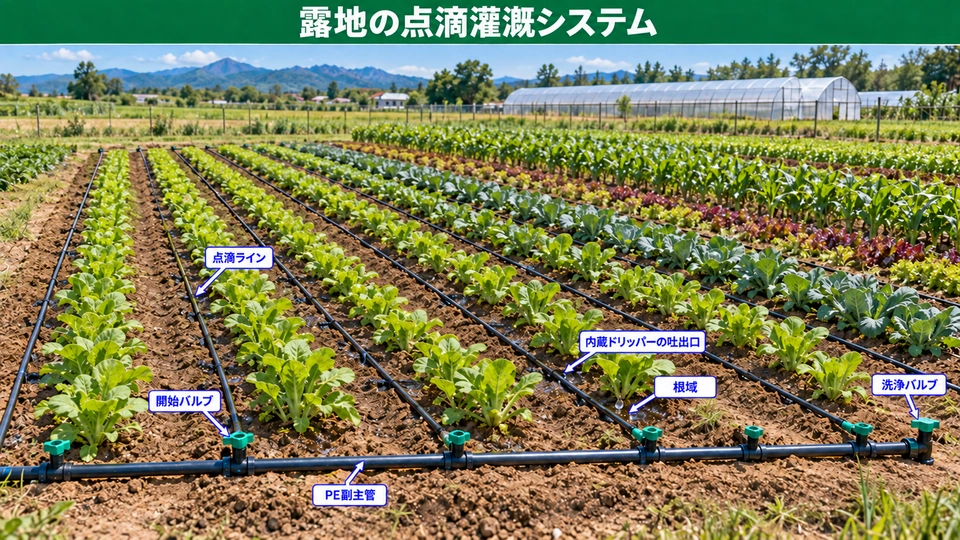灌漑システム図: 畑の点滴灌漑システム
