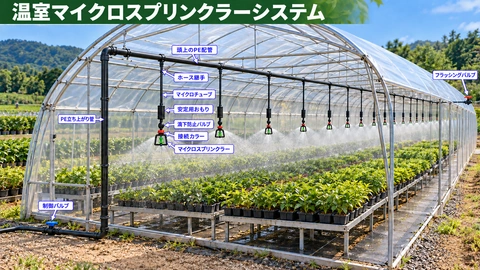 灌漑システム図: 温室用マイクロスプリンクラーシステム