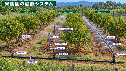 灌漑システム図: 果樹園の点滴灌漑システム